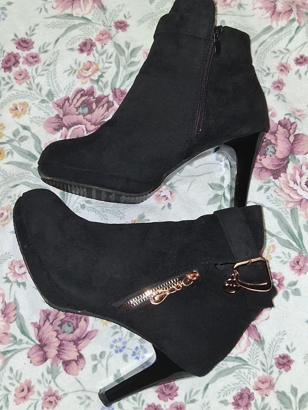 Women's Black Suede Ankle Boots with Gold Accent - Picture 4 of 9